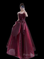 Ball Gown Strapless Burgundy Organza Formal Prom Dresses Formal Dresses