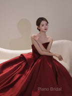 Ball Gown Strapless Burgundy Satin Formal Prom Dresses Formal Dresses