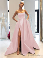 Ball Gown Strapless Sweep Train Satin Prom Dresses With Leg Slit