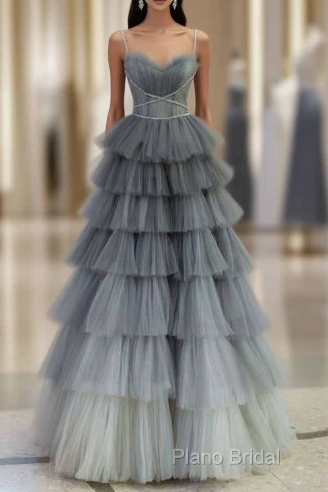 Ball Gown Strapless Tulle Long Gray Formal Prom Dresses Formal Dresses