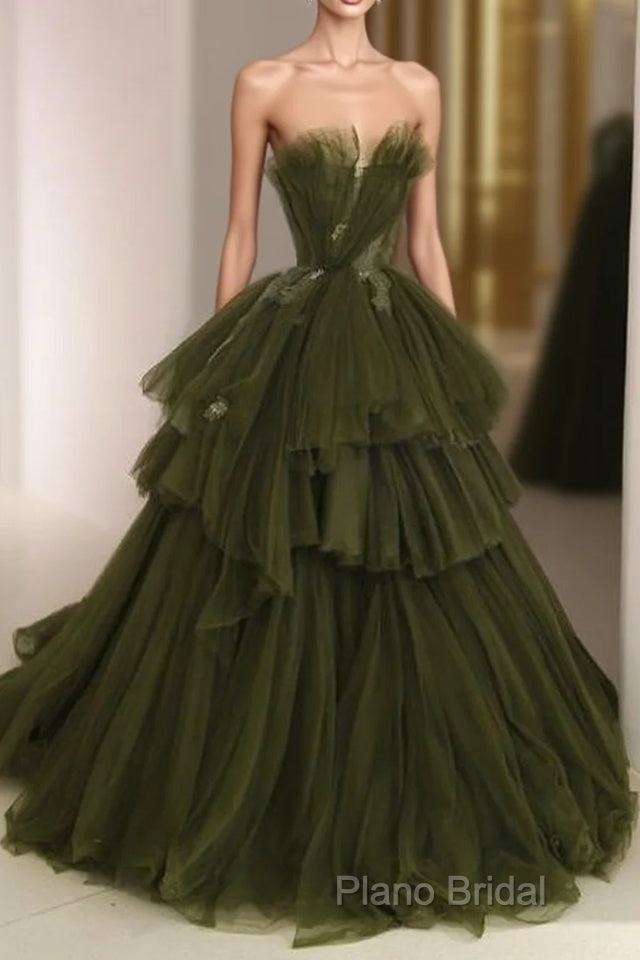 Ball Gown Strapless Tulle Long Green Formal Prom Dresses Formal Dresses Main image