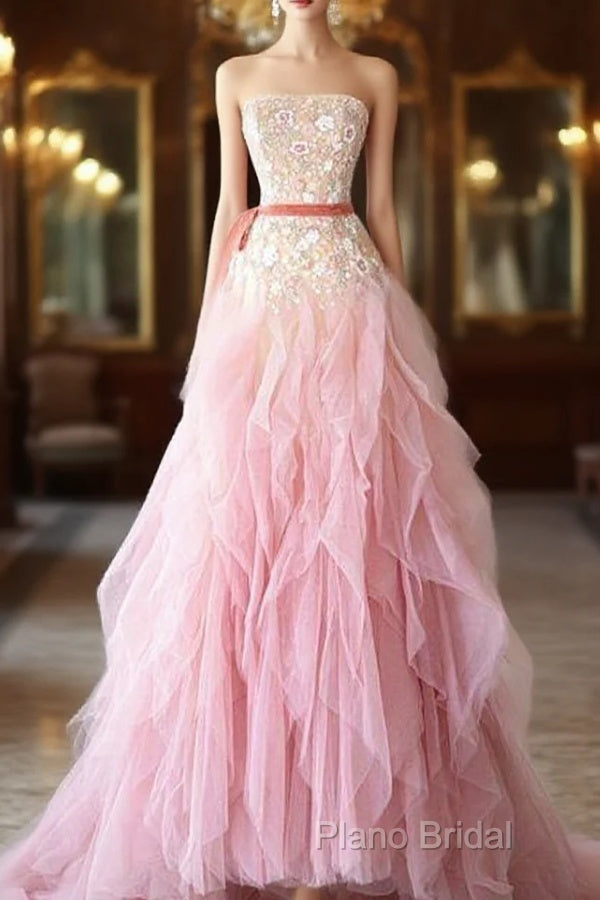 Ball Gown Strapless Tulle Long Pink Formal Prom Dresses Formal Dresses Main image