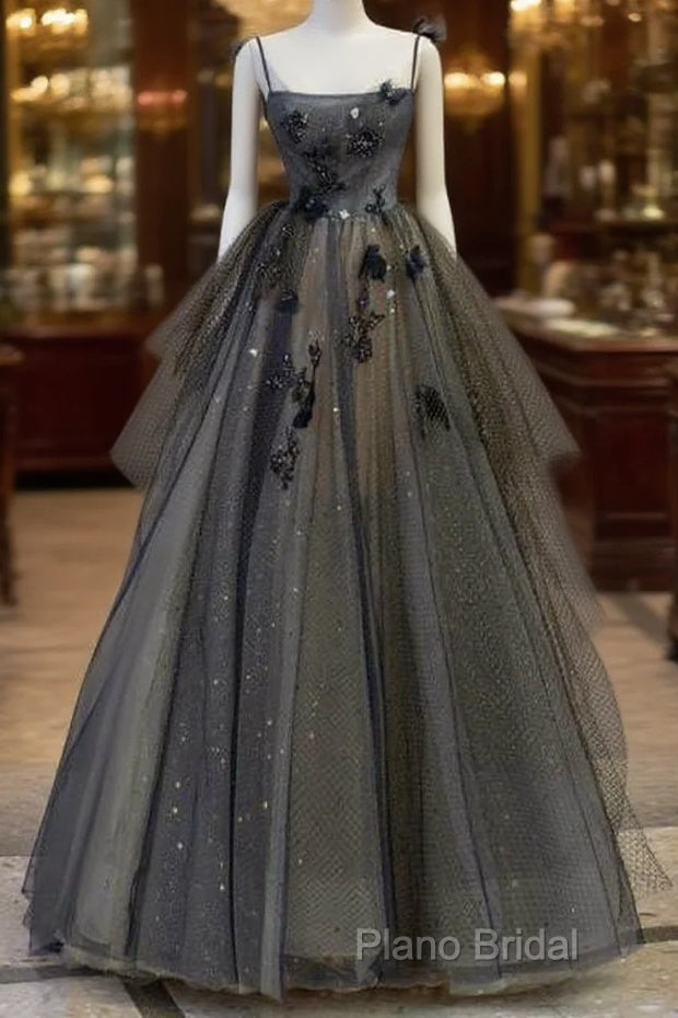 Ball Gown Straps Gray Tulle Long Formal Prom Dresses Formal Dresses Main image