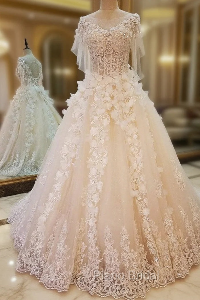 Ball Gown Tulle Appliques Beading Backless Haute Douture Wedding Dresses