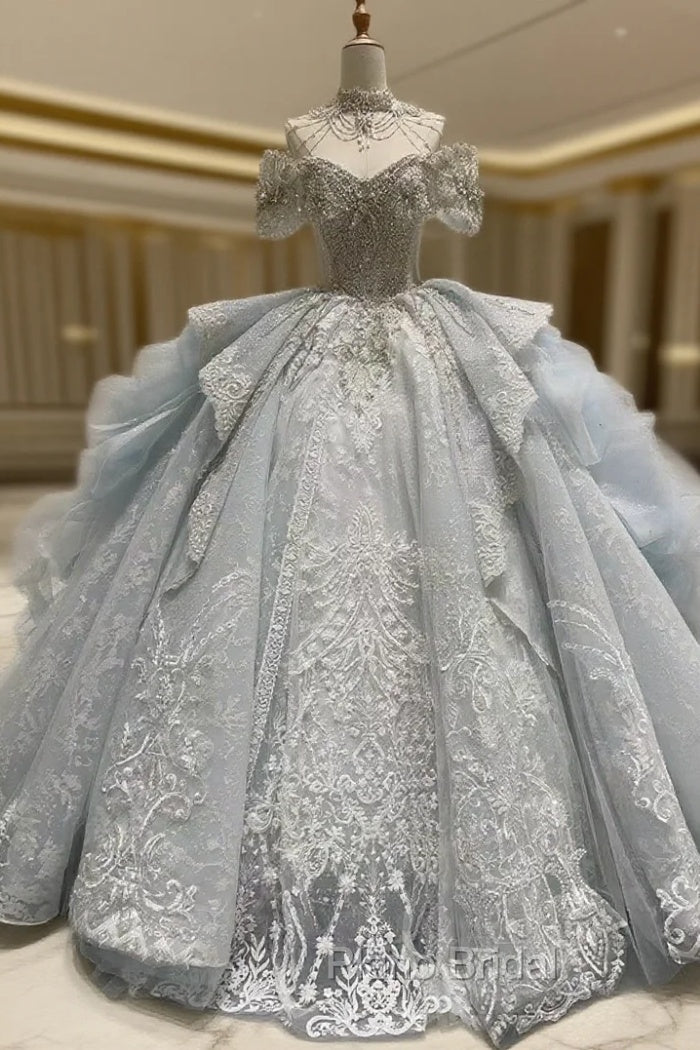 Ball Gown Tulle Off the Shoulder Beading Wedding Dresses