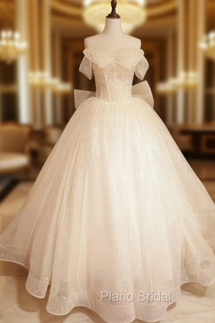 Ball Gown Tulle Off the Shoulder Pearl Wedding Dresses