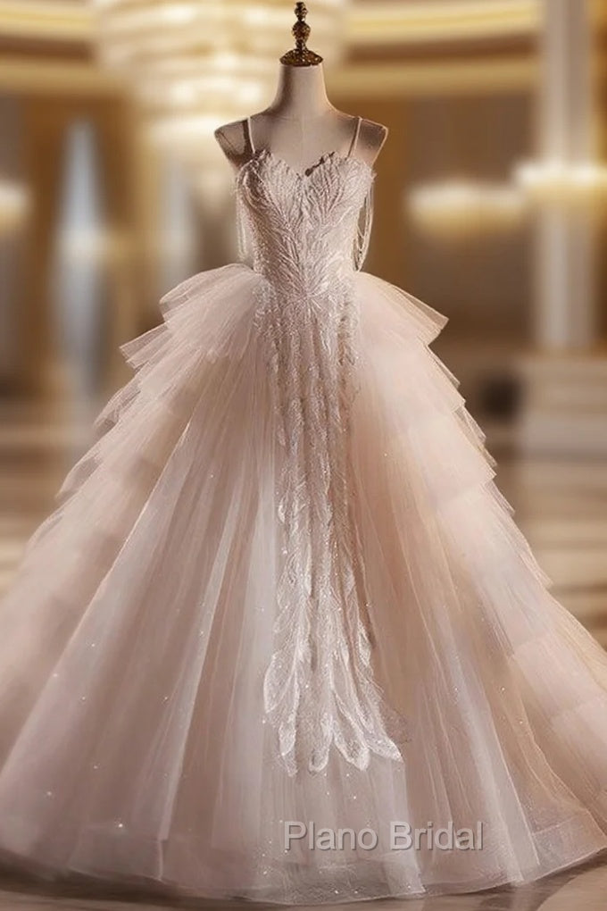 Ball Gown Tulle Spaghetti Straps Tiers Wedding Dresses
