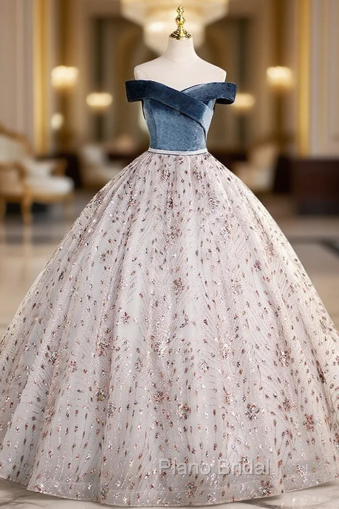 Ball Gown Tulle Velvet Sequins Off the Shoulder Quinceanera Dresses