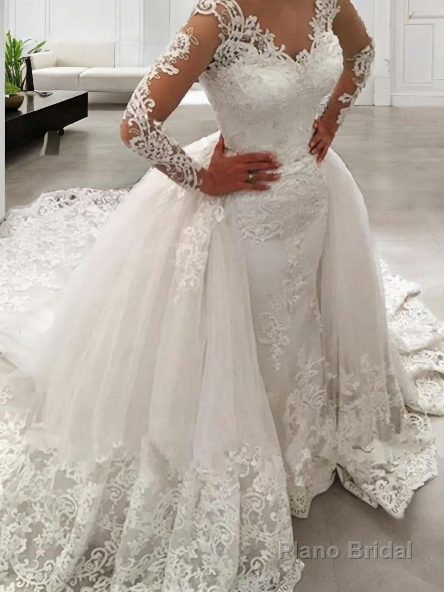 Ball Gown V-neck Cathedral Train Tulle Wedding Dresses With Appliques Lace Main image