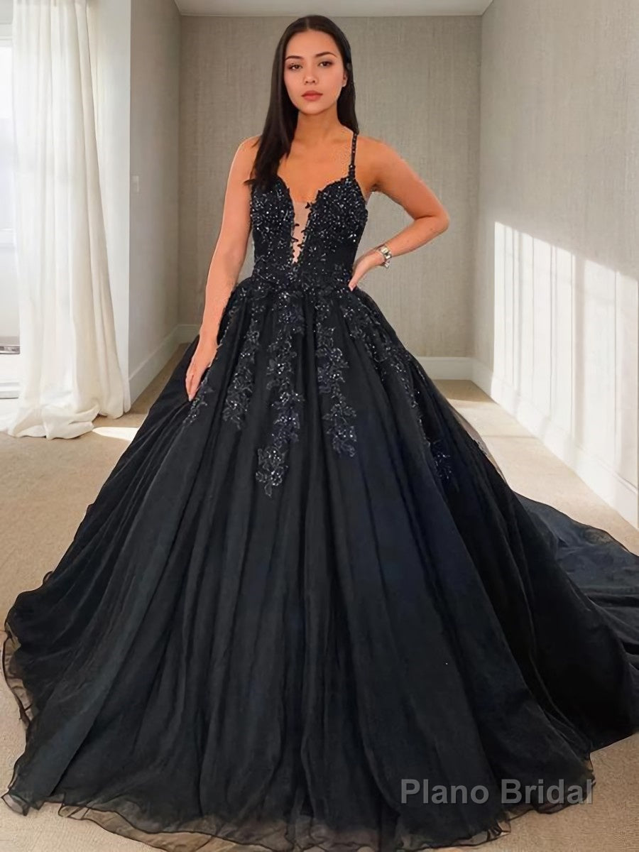 Ball Gown V-neck Court Train Tulle Prom Dresses With Appliques Lace Main image