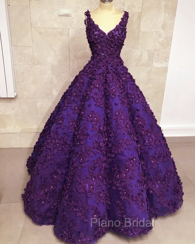 Ball Gown V Neck Dresses With 3D Lace Flowers