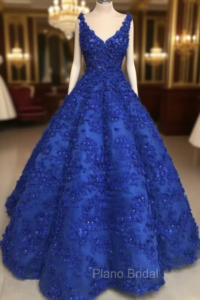 Ball Gown V Neck Dresses With 3D Lace Flowers