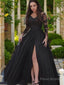 Ball Gown V-neck Floor-Length Tulle Prom Dresses With Leg Slit