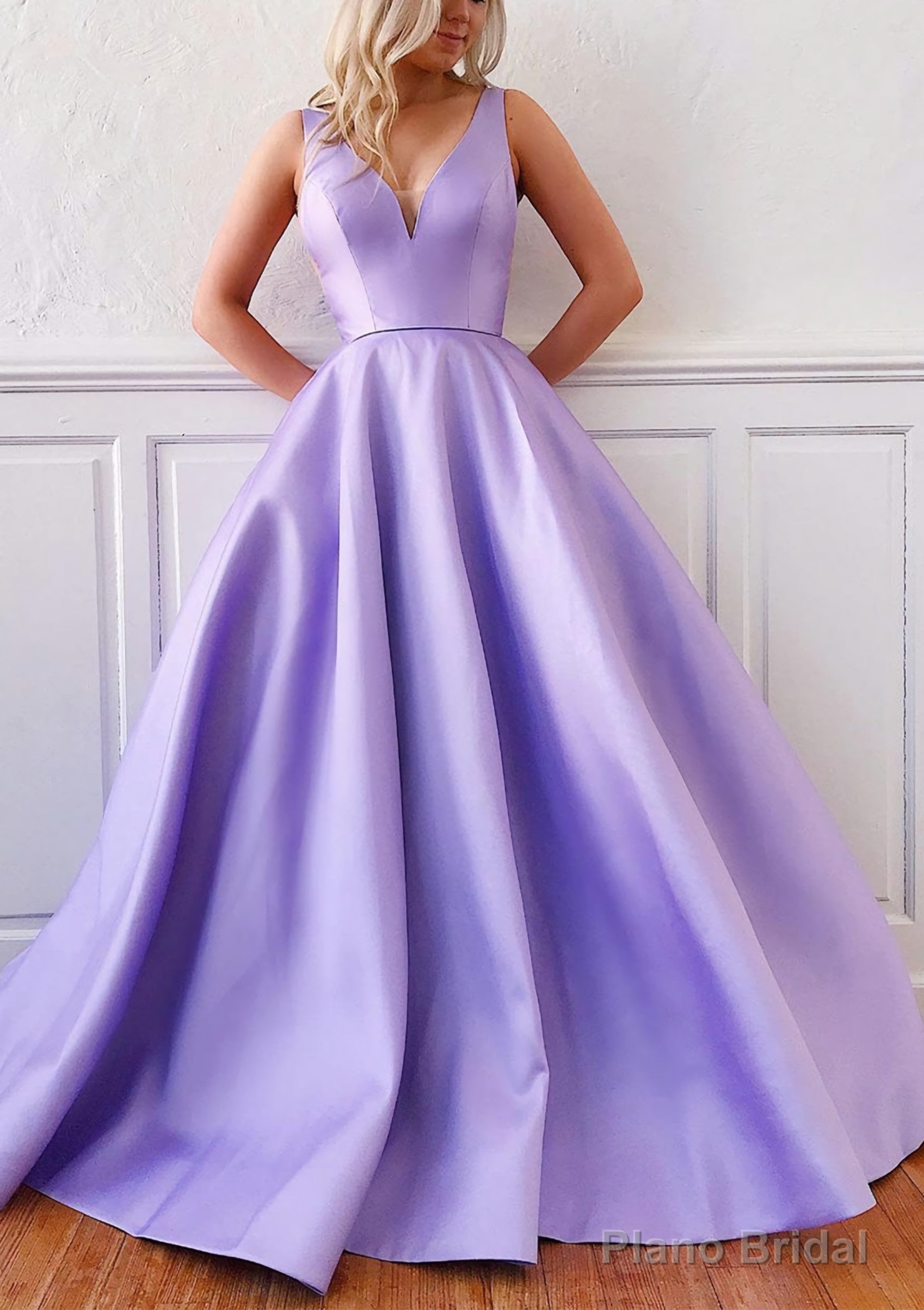 Ball Gown V Neck Sleeveless Satin Sweep Train Prom Dresses Main image