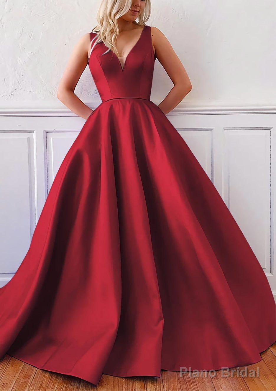Ball Gown V Neck Sleeveless Satin Sweep Train Prom Dresses