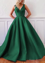 Ball Gown V Neck Sleeveless Satin Sweep Train Prom Dresses