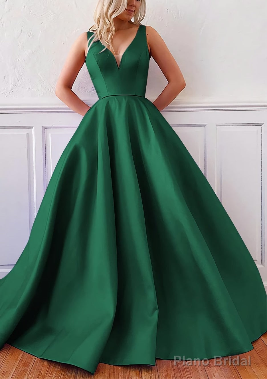 Ball Gown V Neck Sleeveless Satin Sweep Train Prom Dresses