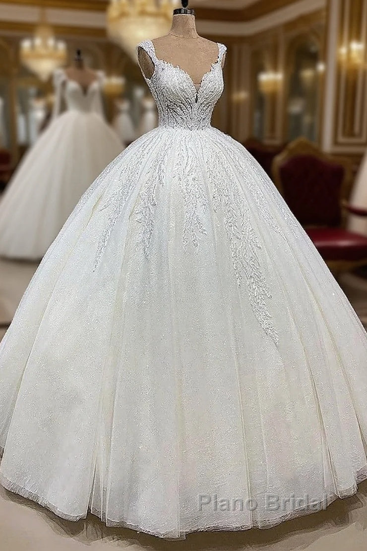 Ball Gown V-neck Wide Strap Floor Length Tulle Applique Wedding Dress Main image