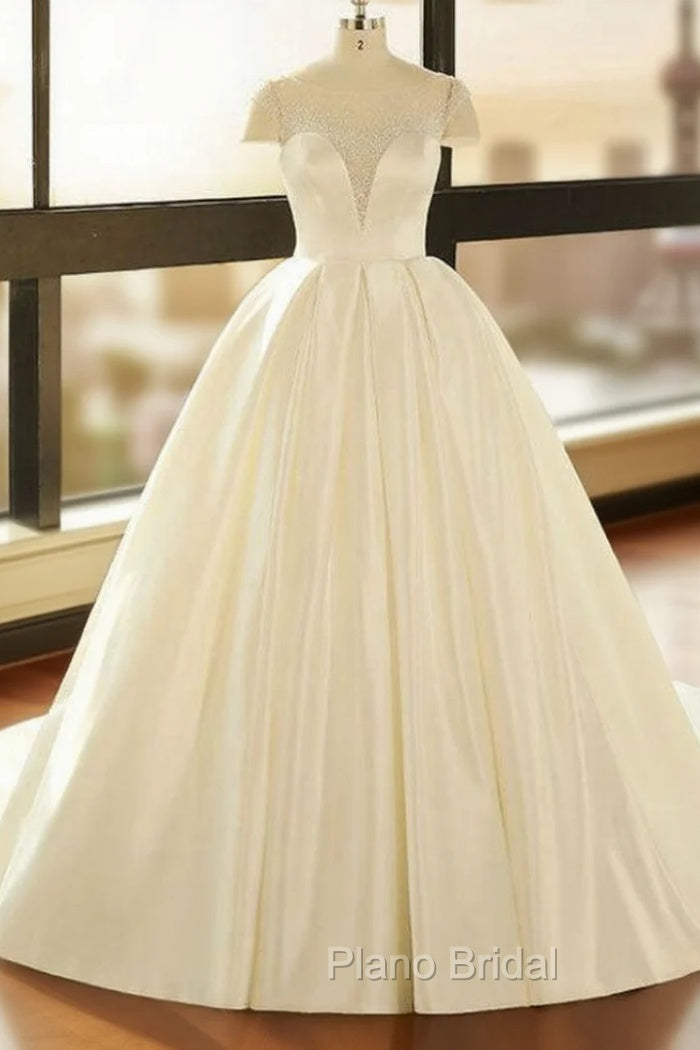 Ball Gown White Satin See Through Cap Sleeve Wedding Dresses