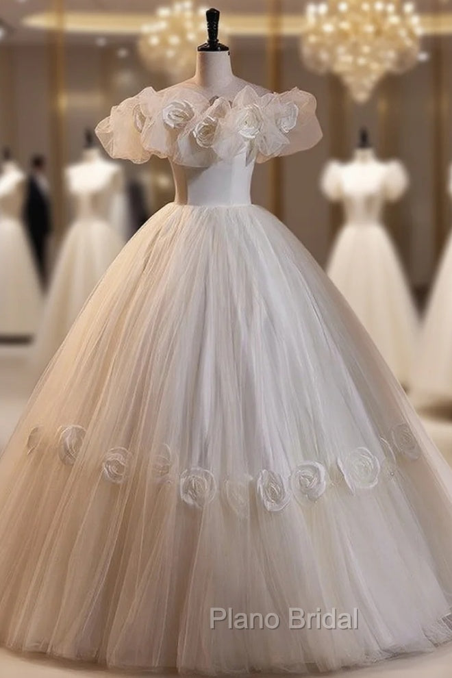 Ball Gown White Tulle 3D Flower Wedding Dresses