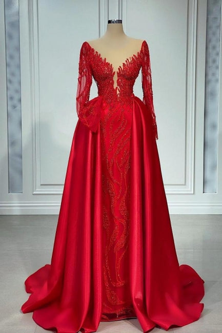 Chic V-neck Lace Prom Dresses Evening Gown With Long Sleeves