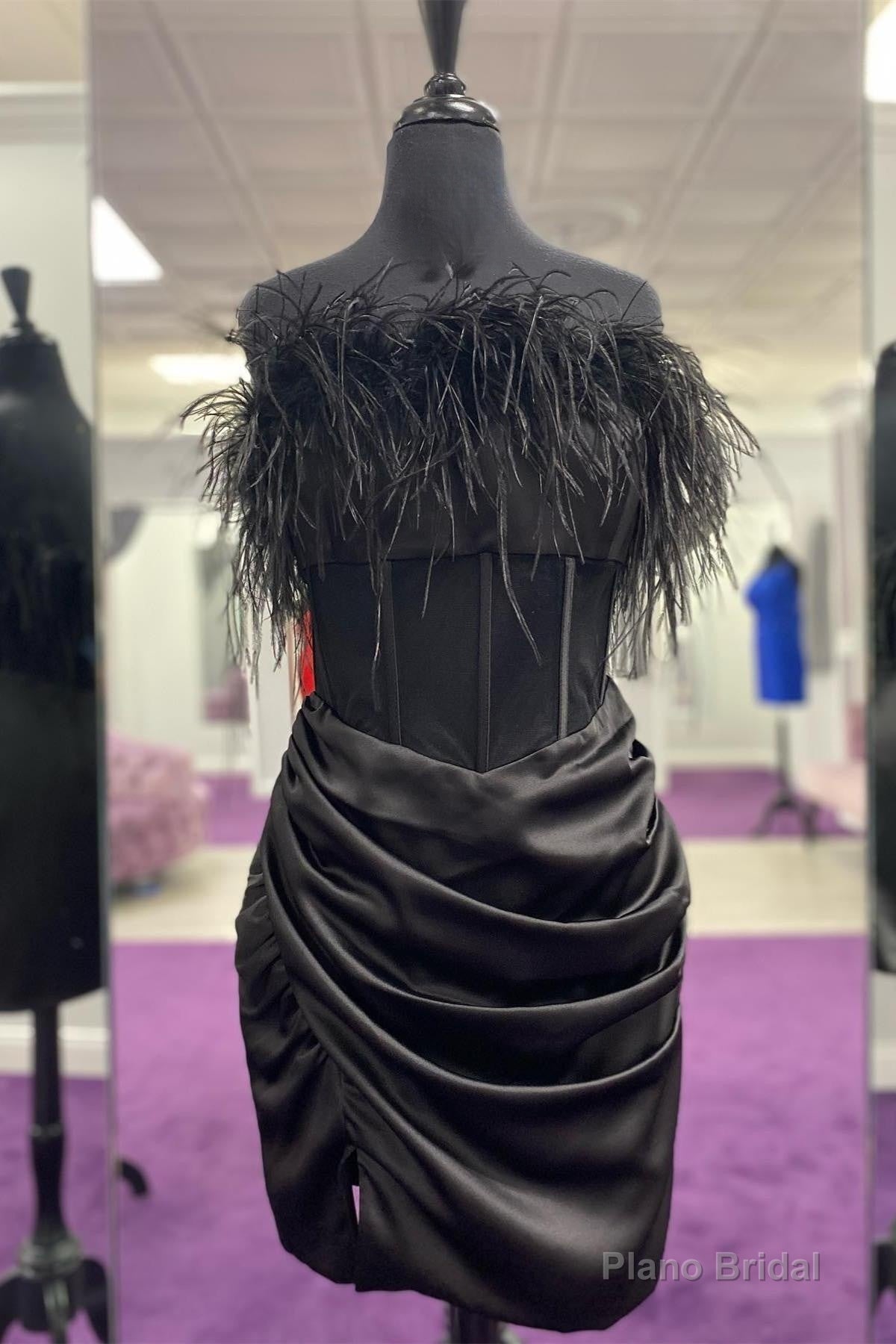 Black Strapless Satin Sheath Pleated Homecoming Dress with Feathers Main image