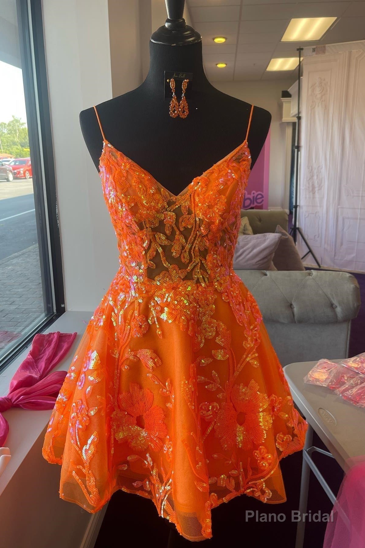 Orange A-line V Neck Straps Sequins-Embroidered Homecoming Dress Main image