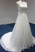 Bateau A-Line Lace Sash Bowknot Sleeveless Wedding Dresses