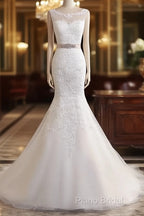 Bateau Neckline Mermaid Tulle Lace Wedding Dresses With Appliques