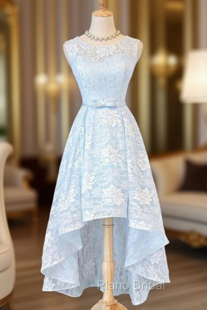 Bateau Sleeveless Asymmetrical A-line/Princess Lace Formal Prom Dresses With Waistband Bowknot Main image