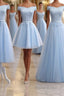 Sky Blue A Line Lace Off Shoulder Formal Prom Dress, Lace Evening Dresses