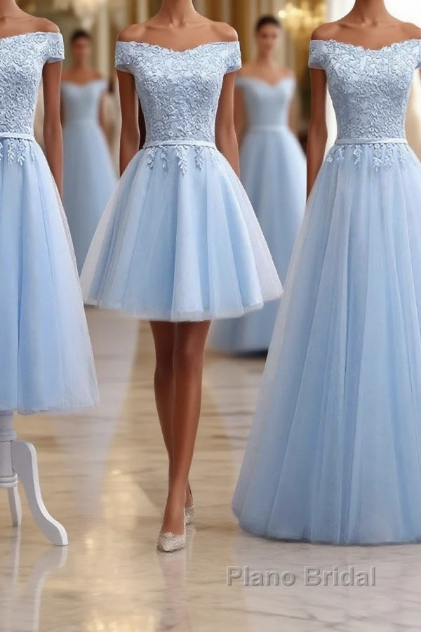 Sky Blue A Line Lace Off Shoulder Formal Prom Dress, Lace Evening Dresses Main image