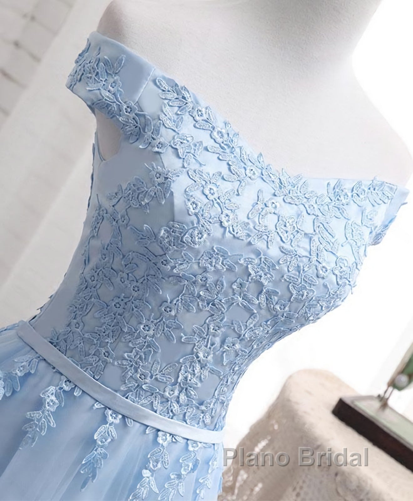 Sky Blue A Line Lace Off Shoulder Formal Prom Dress, Lace Evening Dresses Secondary image