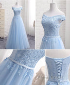 Sky Blue A Line Lace Off Shoulder Formal Prom Dress, Lace Evening Dresses