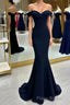 Long Navy Formal Prom Dresses Mermaid Off-the-Shoulder Sweetheart Sleeveless