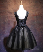 Black V Neck Lace Short Prom Dress, Black Party Dress