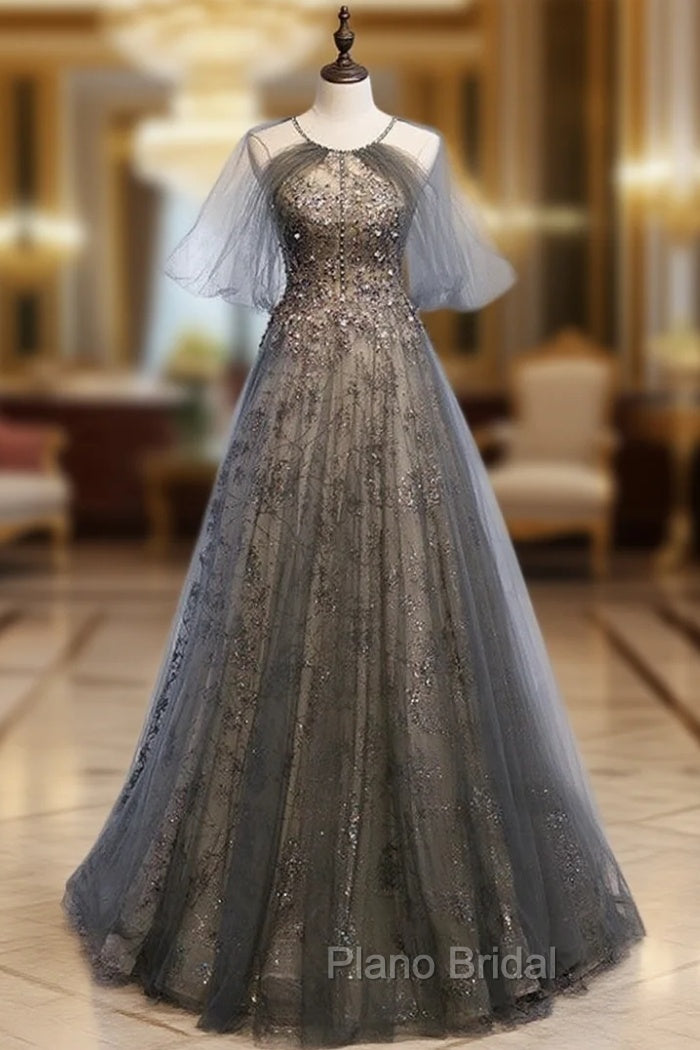Be Crowned Formal Prom Queen In Short Sleeves Halter Gray Tulle Sparkle Sequin Backless Formal Prom Dresses Main image