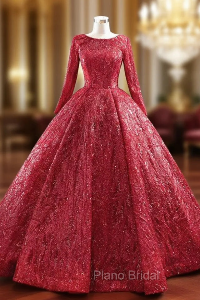 Be The Formal Prom Queen In Red Ball Gown Sequins Long Sleeve Formal Prom Dresses