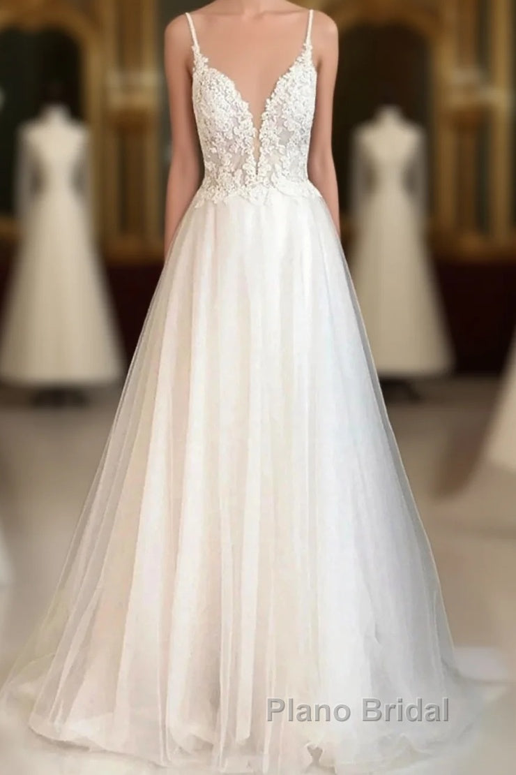Beach Wedding Dresses Court Train A-Line Spaghetti Strap Sweetheart Lace With Buttons Appliques Main image