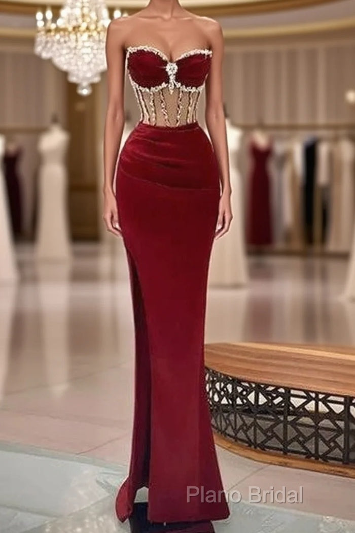 Beaded Burgundy Mermaid Formal Prom Dresses Main image