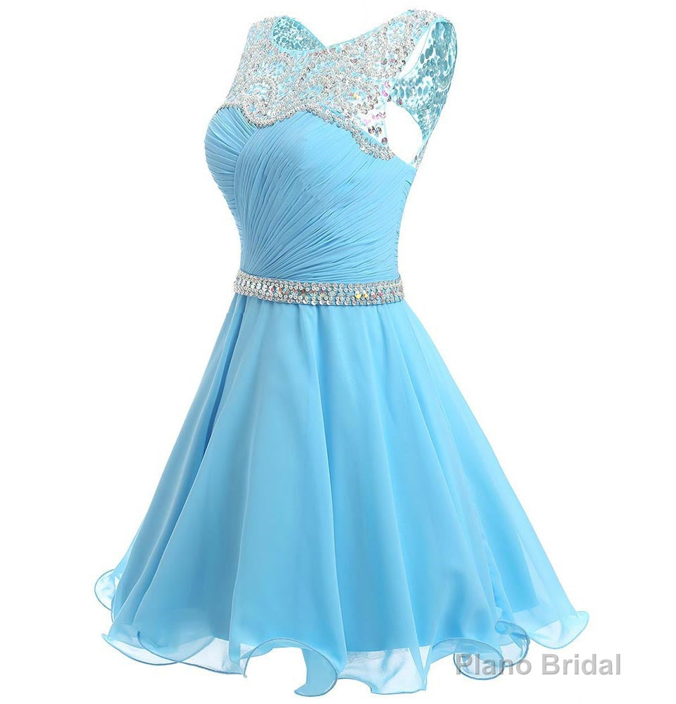 Beaded Chiffon Round Neckline Short Party Dress, Blue Chiffon Homecoming Dresses Secondary image