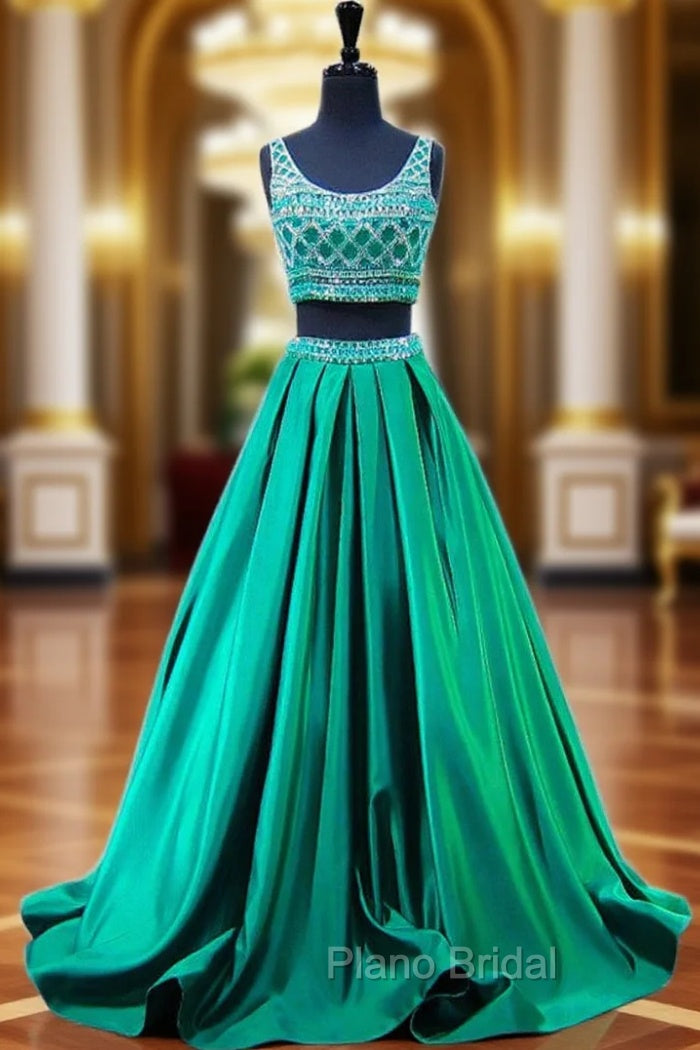 Beaded Crystals Beaded Floor Length Backless Two Piece Formal Prom Dresses