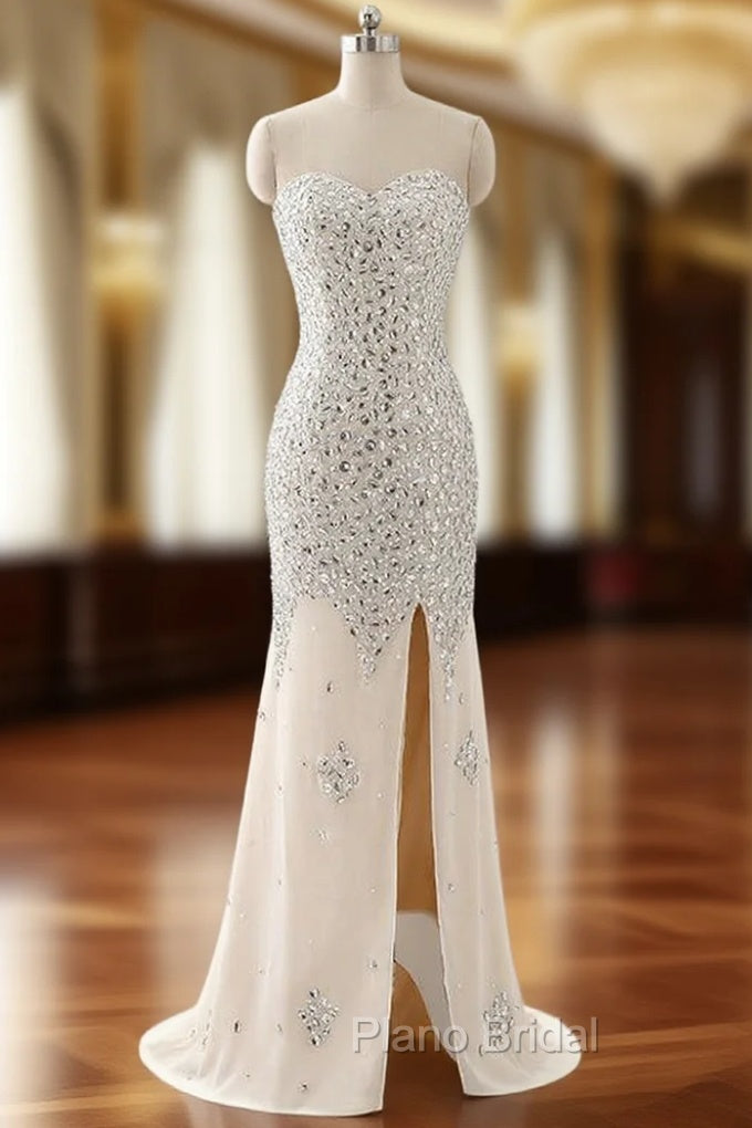 Beaded Evening Dresses Sweetheart Slit Champagne Mermaid Formal Prom Dresses