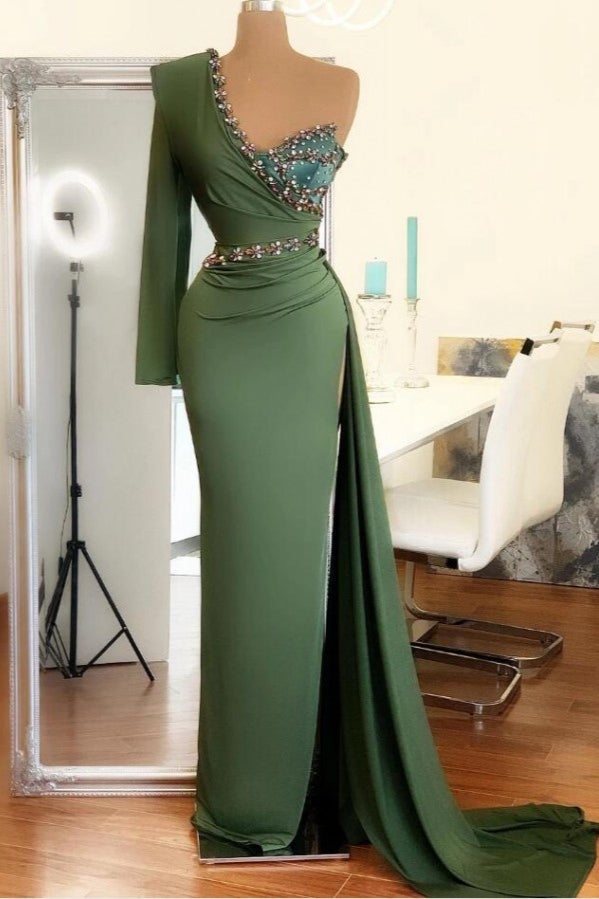 Beaded Green Long Prom Dress One Shoulder With Long Sleeve On One Side Main image