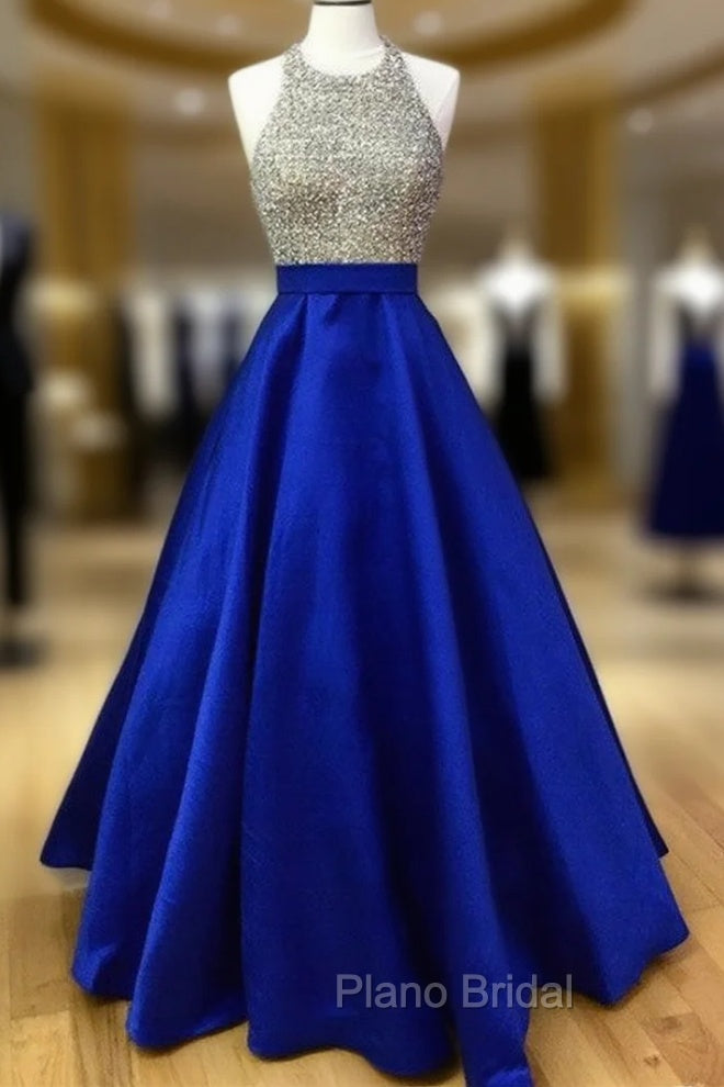 Beaded Halter Satin Ball Gown Formal Prom Dresses With Pockets Main image