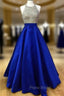 Beaded Halter Satin Ball Gown Formal Prom Dresses With Pockets
