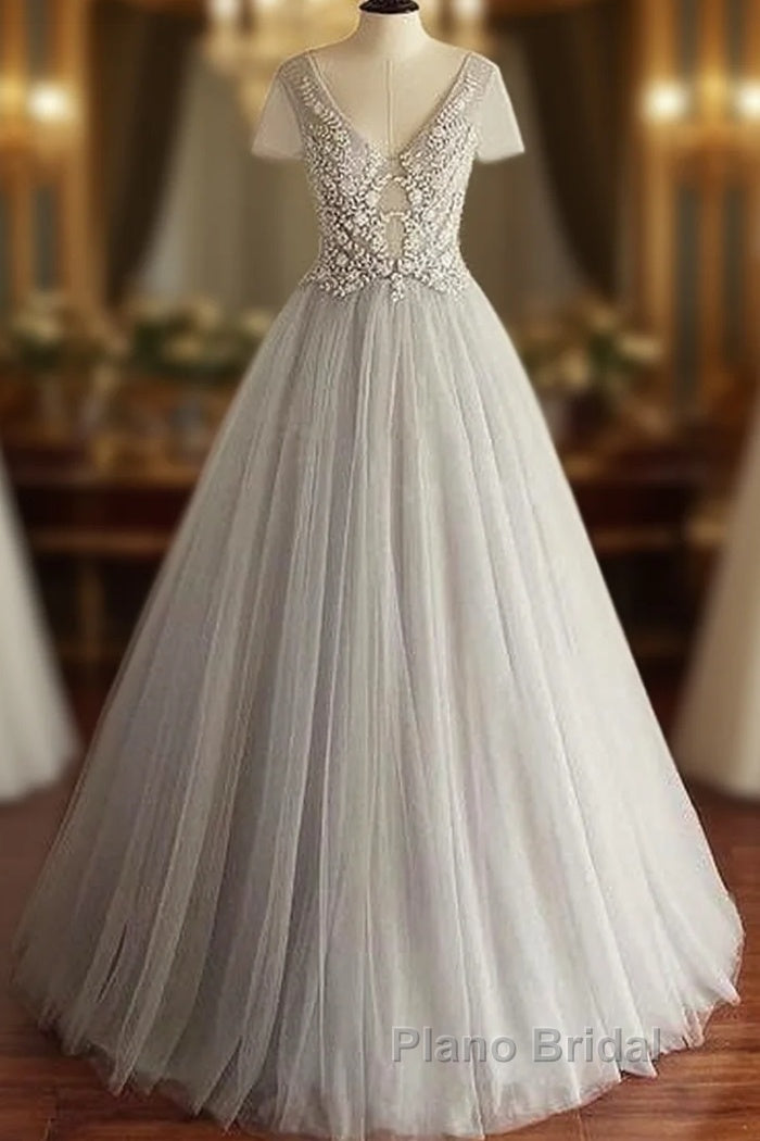 Beaded Lace Appliques Tulle V-Neck Gray A-Line Wedding Dresses Main image