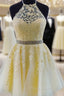Beaded Lace Tulle A-line Halter Mini Homecoming Dresses