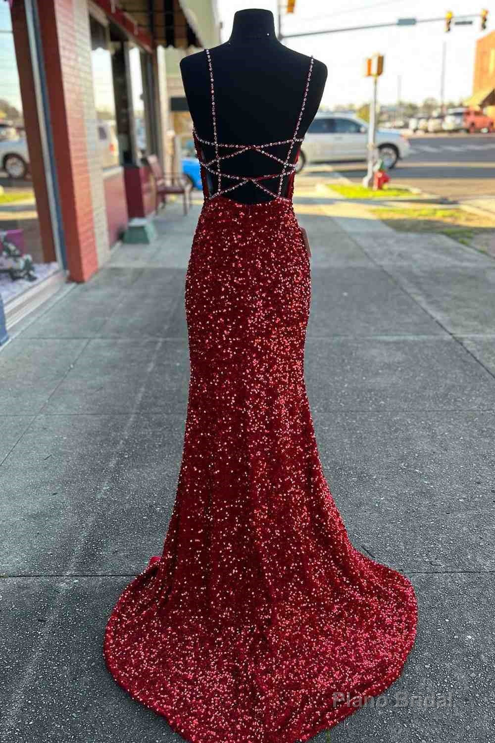 Beaded Straps Burgundy Sequins Mermaid Long Prom Dress,Evening Dresses Elegant Secondary image