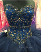 Beaded Sweetheart Organza Ruffle Snavy Blue Quinceanera Dresses Ball Gowns